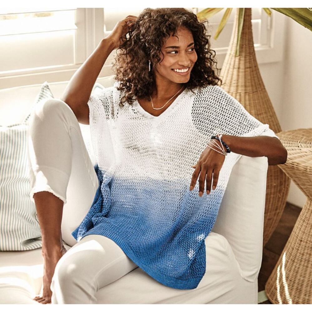 J.JILL Linen Cotton Open Stitch Ombre Crochet Poncho Top Blue White One Size